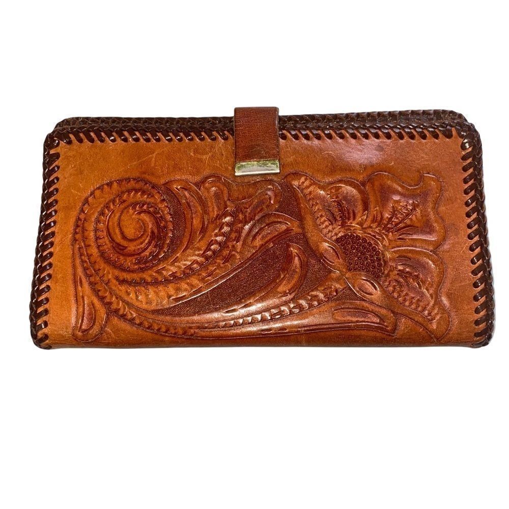 Bohemian vintage hand tooled leather wallet poppy design